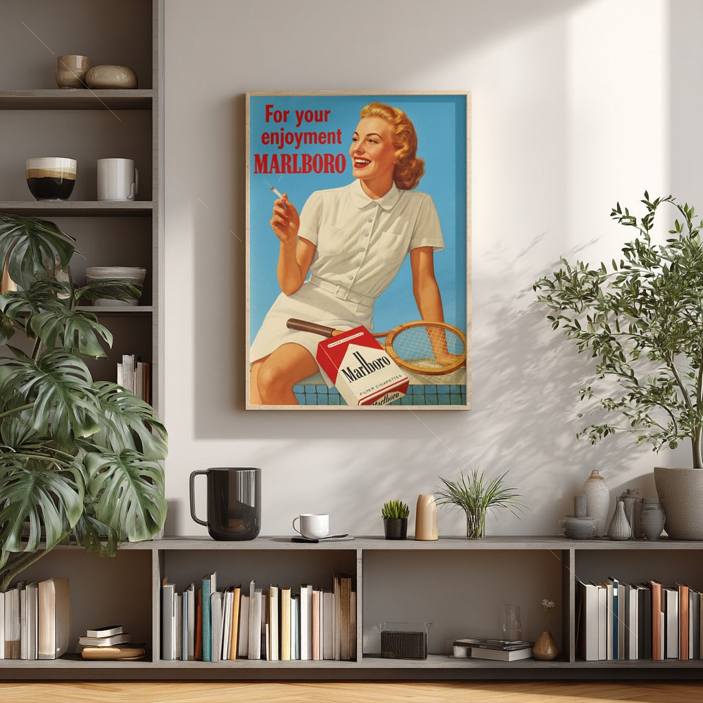 Vintage Marlboro Tennis Ad Poster – Retro Smoking Advertisement Printable Wall Art (Digital Download)
