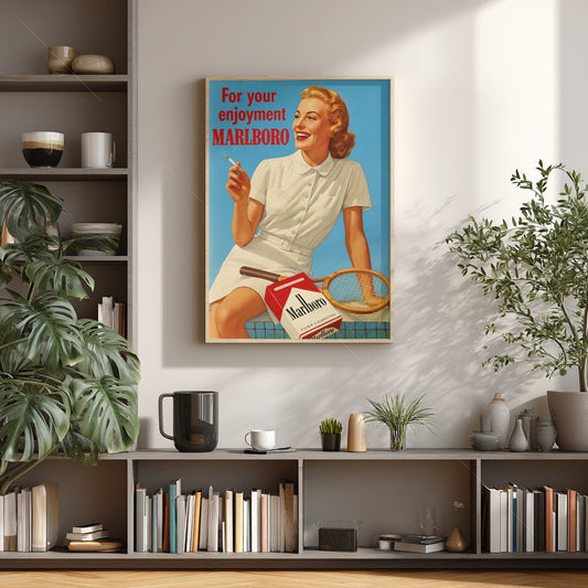 Vintage Marlboro Tennis Ad Poster – Retro Smoking Advertisement Printable Wall Art (Digital Download)